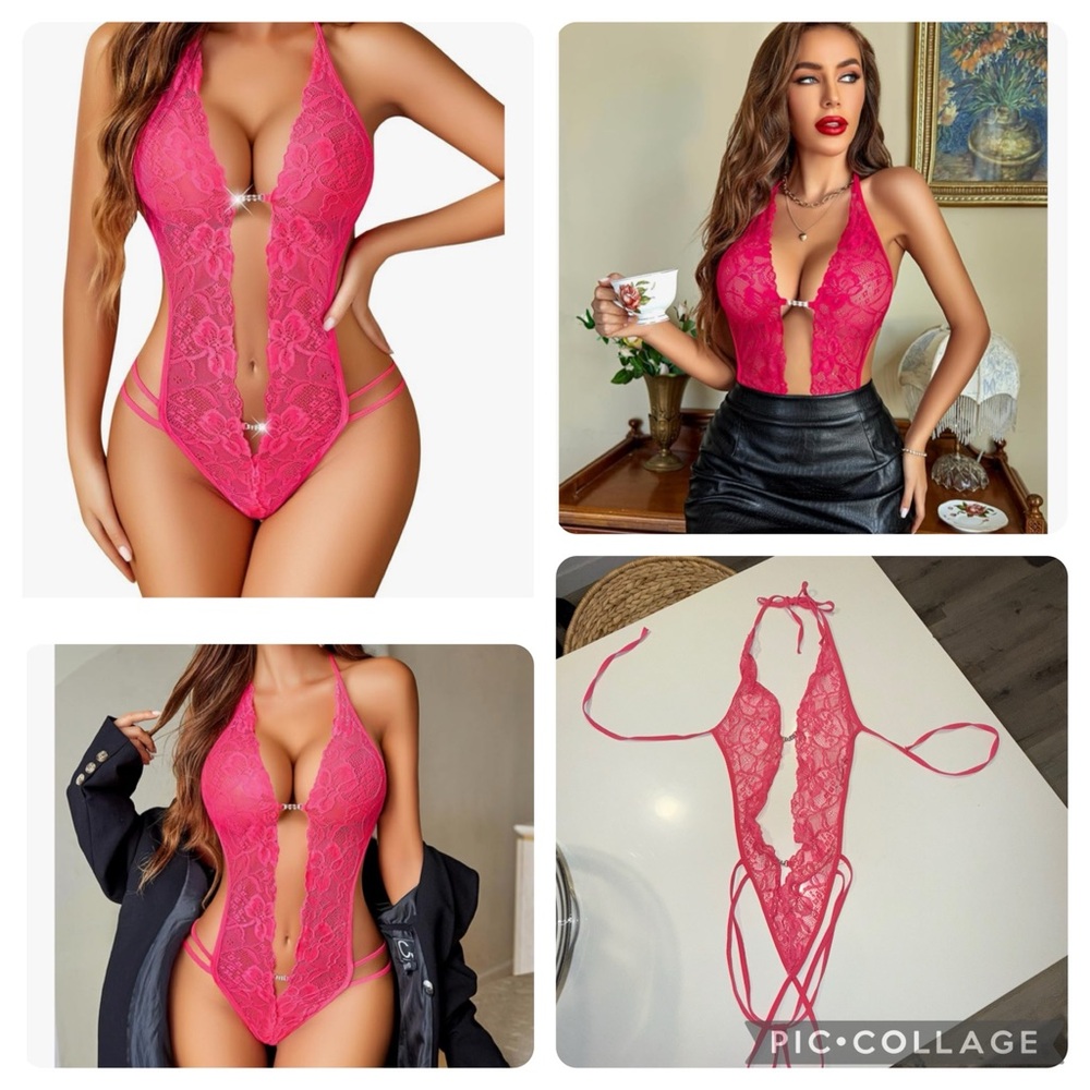 Hot Pink Lace Teddy Lingerie with Crystal Detail – Size M